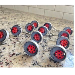 12 pack Ladybug Shower curtain hooks, fastener, rust proof, glass and metal hook